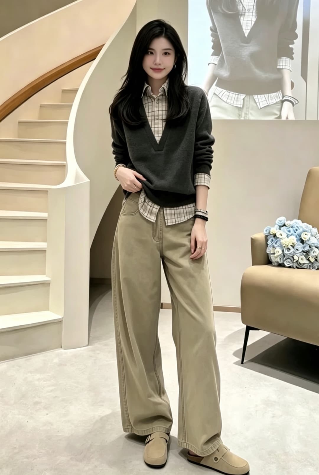체크무늬 칼라 패치워크 페이크 레이어드 니트 맨위 청바지 여성 이른 가을 슈퍼 잘 생긴 루즈핏 캐주얼 느긋한 세트 이미지 4