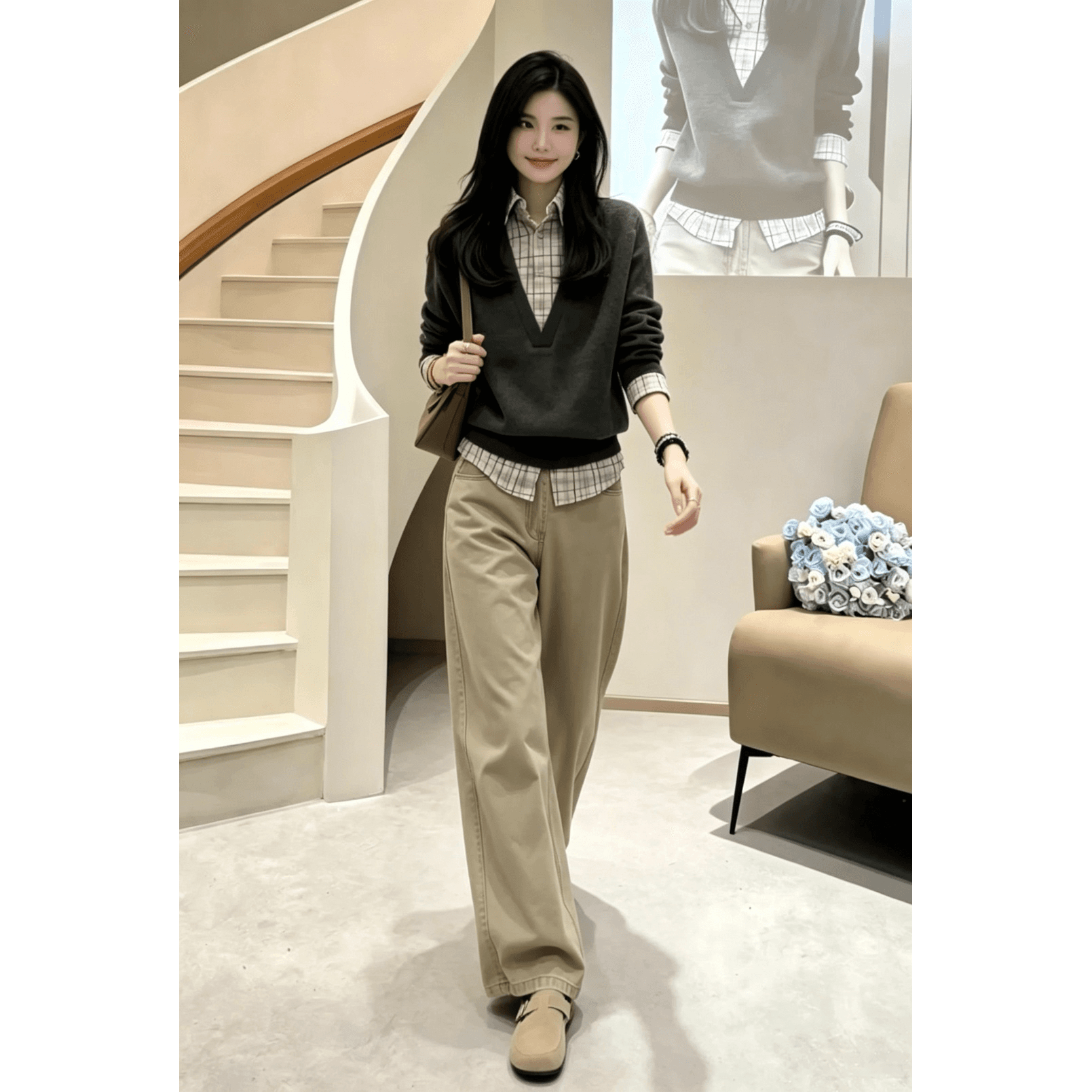 체크무늬 칼라 패치워크 페이크 레이어드 니트 맨위 청바지 여성 이른 가을 슈퍼 잘 생긴 루즈핏 캐주얼 느긋한 세트 이미지 5