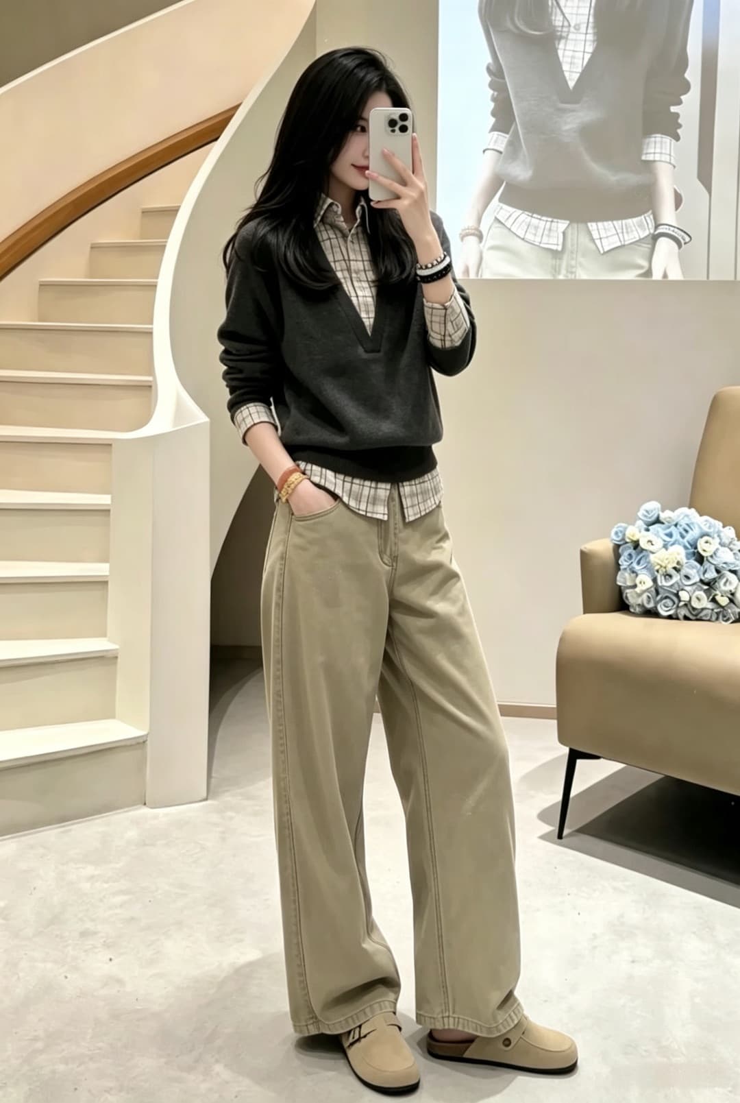 체크무늬 칼라 패치워크 페이크 레이어드 니트 맨위 청바지 여성 이른 가을 슈퍼 잘 생긴 루즈핏 캐주얼 느긋한 세트 상세 이미지 1
