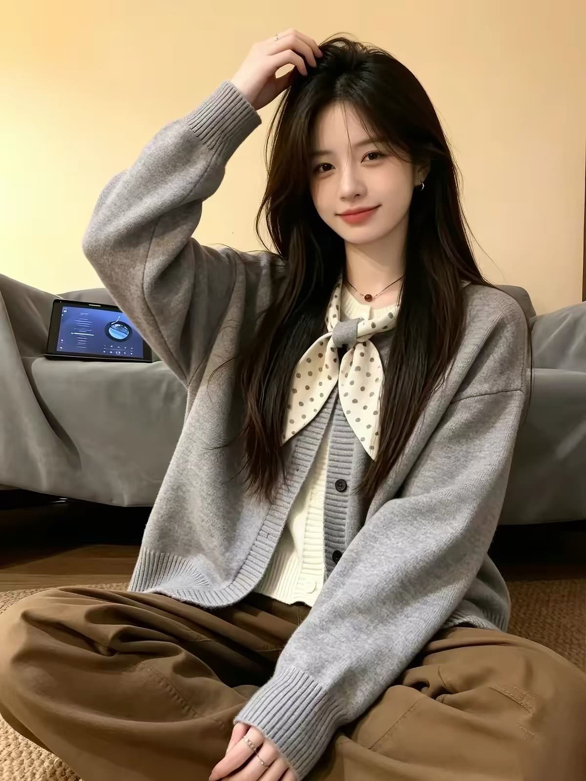 한 부서 달콤함 품격 회색 도트 무늬 스카프 페이크 레이어드 스웨터 여자 2026 가을 새로운 디자인 센스 니트 오픈 가디건 이미지 2