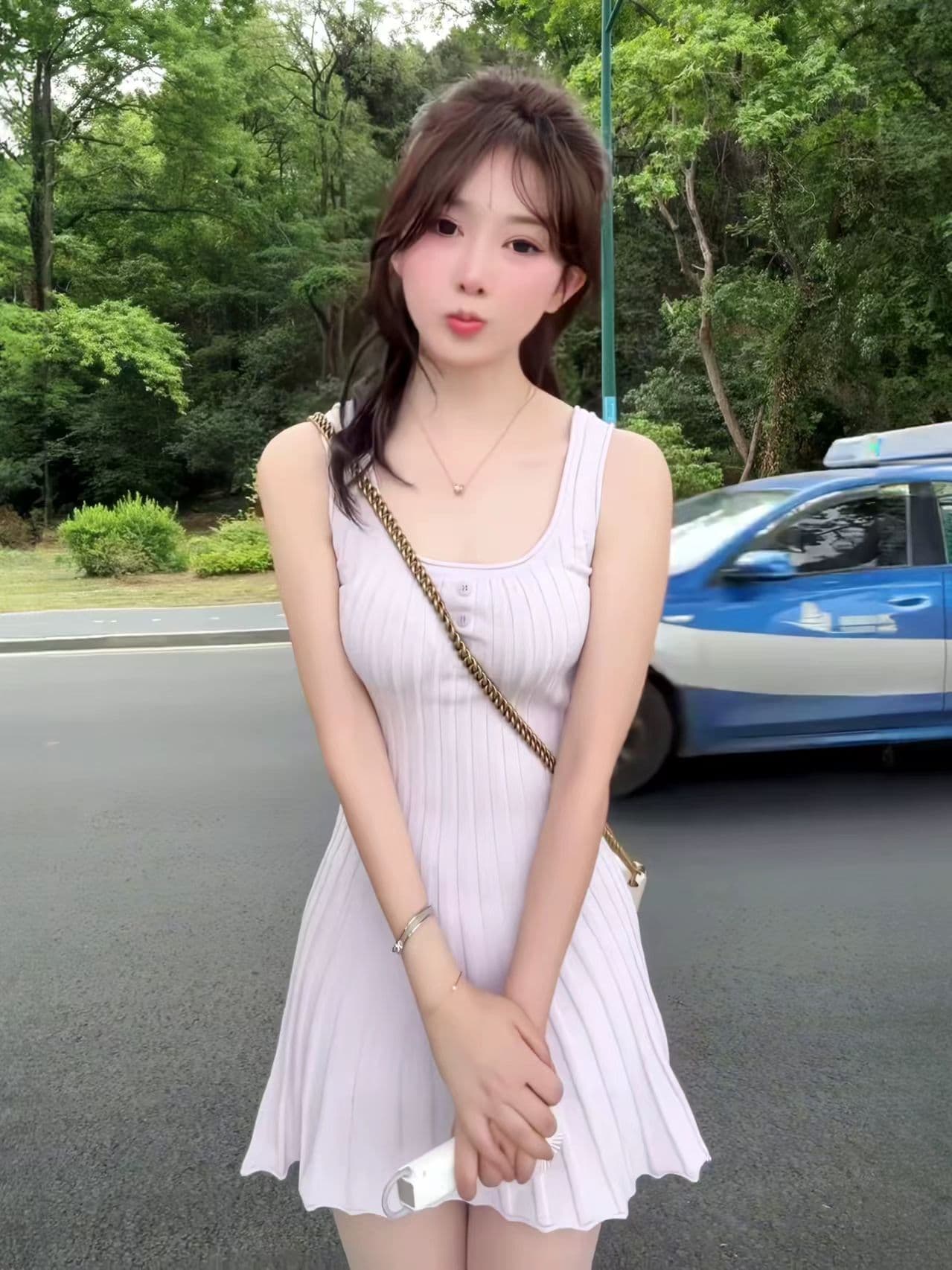 한국 부드러운 바람 디스플레이 화이트 슬림해 보이는 얼음 실크 몽환 보라색 슬립 쇼트 스타일 드레스 순수한 욕망 품격 조끼 미니 스커트 상세 이미지 3