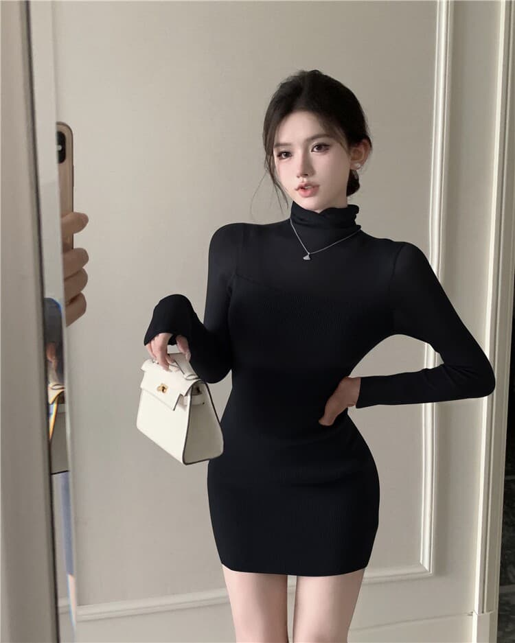한국 명문 여성 바람 로얄 자매 터틀넥 몸매 가꾸기 허리 수축 니트 미니 스커트 슬림해 보이는 만나는 작은 키 타이트 스커트 드레스 상세 이미지 10