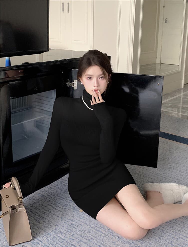 한국 명문 여성 바람 로얄 자매 터틀넥 몸매 가꾸기 허리 수축 니트 미니 스커트 슬림해 보이는 만나는 작은 키 타이트 스커트 드레스 상세 이미지 14