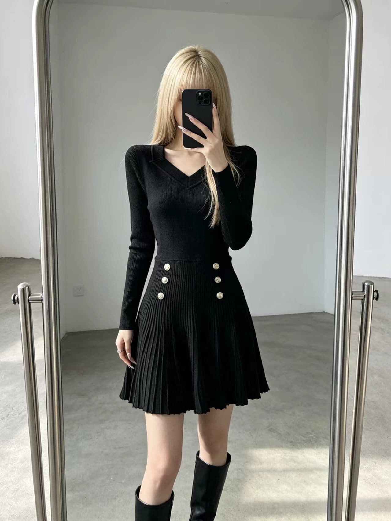 한국 품격 홍콩 스타일 부드러운 숙녀 바람 V넥 스웨터 니트 여성 드레스 가을 겨울 플리츠 퍼프 한 마디 상세 이미지 1