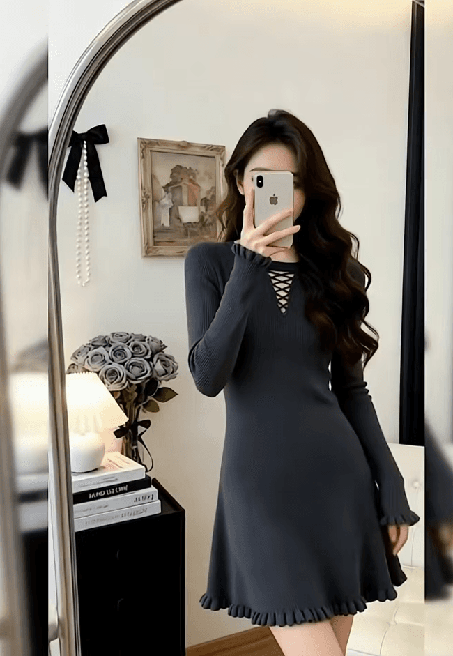 한국 절묘한 프릴 작은 키 심장 기계 착용 가져 가라. 회색 니트 인사이드 가져 가라. 드레스 가을 겨울 만나는 스웨터 드레스