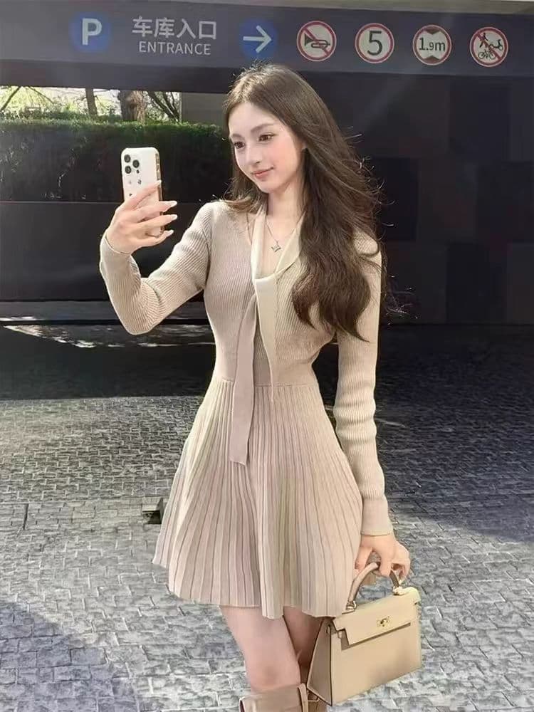천 금빛 바람 V넥 레이스업 니트 여성 드레스 가을 겨울철 소녀 센스 품격 몸매 가꾸기 슬림해 보이는 만나는 한 마디 미니 스커트 상세 이미지 1