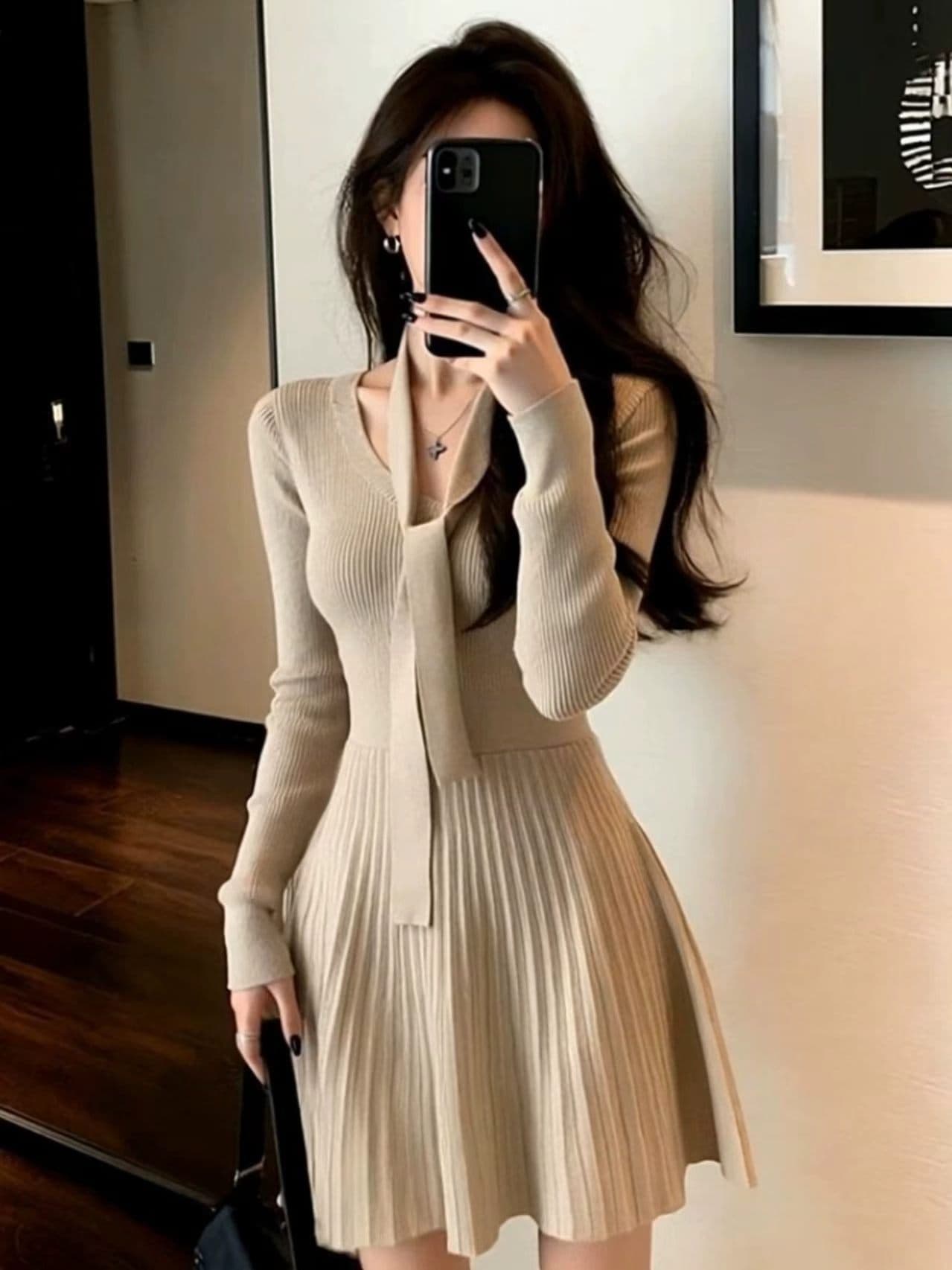 천 금빛 바람 V넥 레이스업 니트 여성 드레스 가을 겨울철 소녀 센스 품격 몸매 가꾸기 슬림해 보이는 만나는 한 마디 미니 스커트 상세 이미지 8