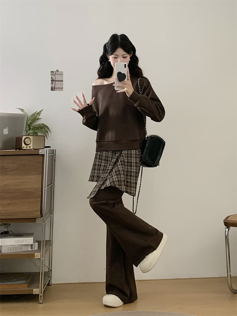 빅 사이즈 여성 가을 새로운 지방 mm 프랑스식 외국 가스 연령 감소 오프숄더 후드티 체크무늬 패치워크 부츠컷 바지 투피스 슈트 상세 이미지 3