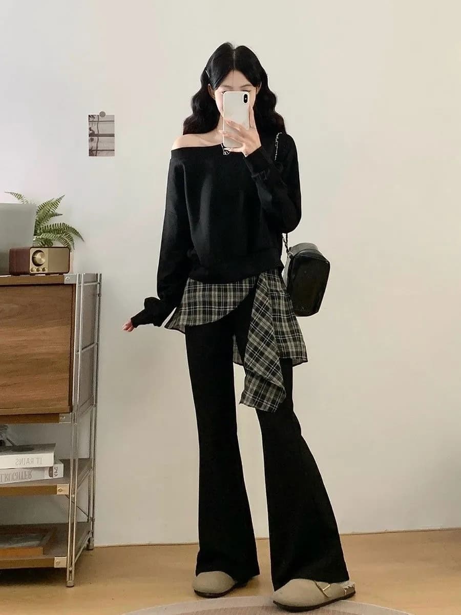 빅 사이즈 여성 가을 새로운 지방 mm 프랑스식 외국 가스 연령 감소 오프숄더 후드티 체크무늬 패치워크 부츠컷 바지 투피스 슈트 상세 이미지 13
