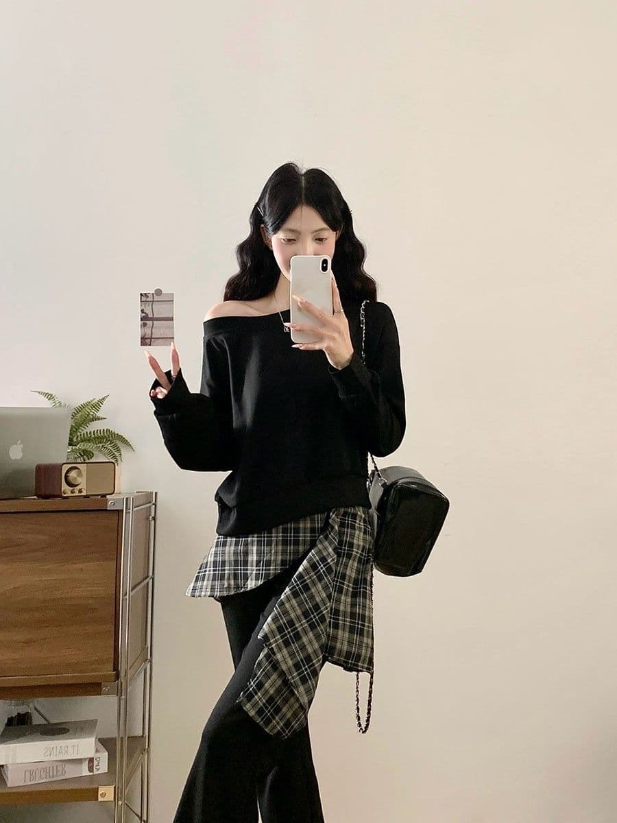 빅 사이즈 여성 가을 새로운 지방 mm 프랑스식 외국 가스 연령 감소 오프숄더 후드티 체크무늬 패치워크 부츠컷 바지 투피스 슈트 상세 이미지 17