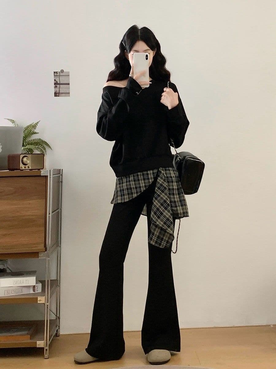 빅 사이즈 여성 가을 새로운 지방 mm 프랑스식 외국 가스 연령 감소 오프숄더 후드티 체크무늬 패치워크 부츠컷 바지 투피스 슈트 상세 이미지 19