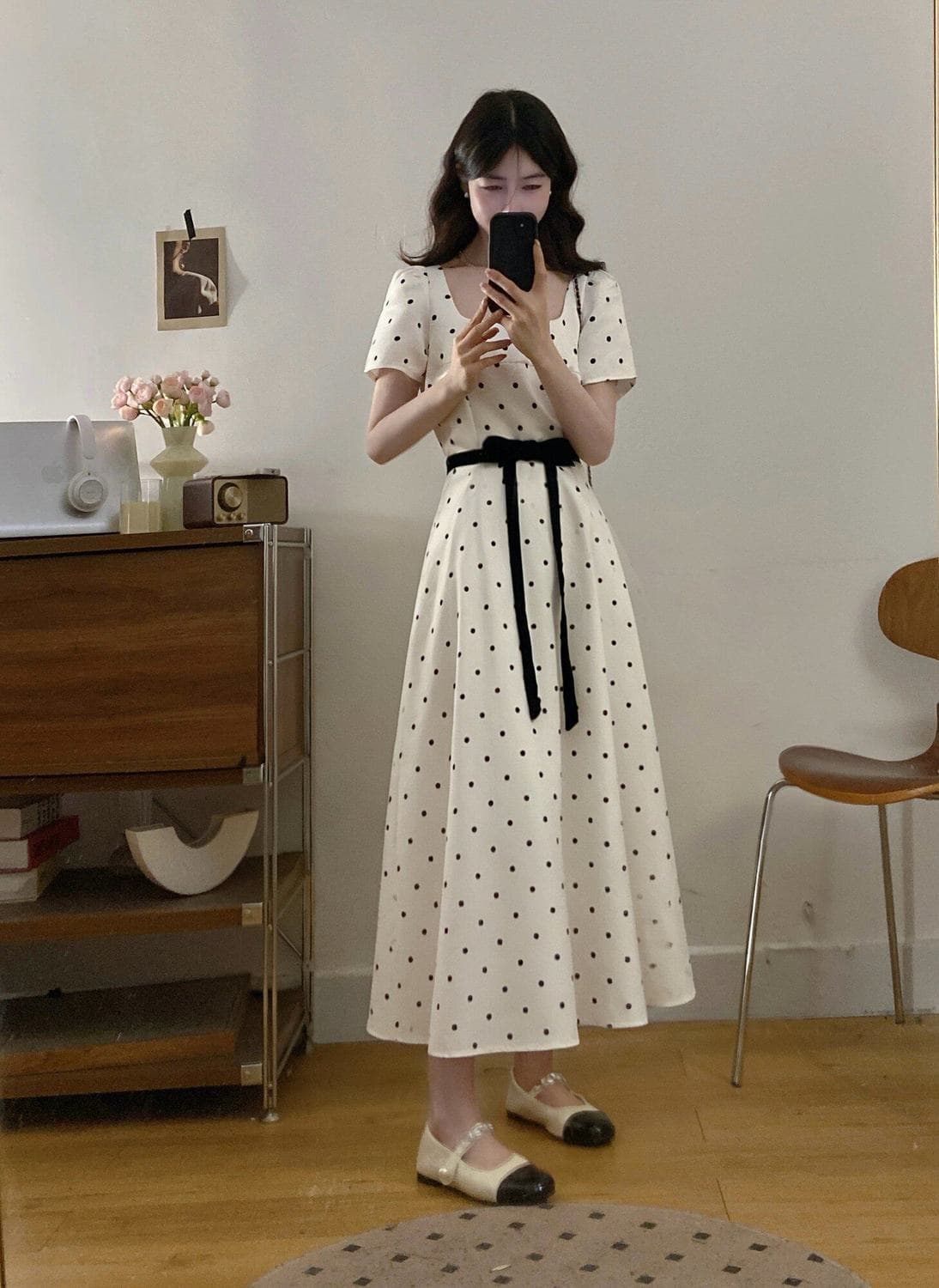 빅 사이즈 지방 mm 품격 도트 무늬 반팔 광장 칼라 여성 드레스 여름 나비 매듭 프랑스식 레트로 허리 수축 A라인 스커트 상세 이미지 5
