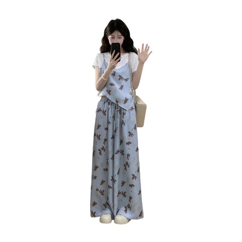 빅 사이즈 여름 착용 가져 가라. 전체 집합 캐주얼 고유 한 페이크 레이어드 꽃무늬 맨위 와이드 레그 팬츠 세트 여성 이미지 5