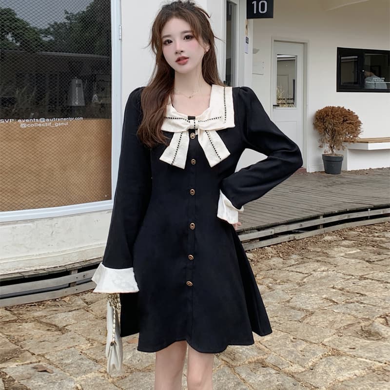실사 가을 겨울 지방 mm 하이웨이스트 나비 매듭 광장 칼라 긴팔 여성 드레스 한국 스타일 패션 a 단어 길이 치마 이미지 2