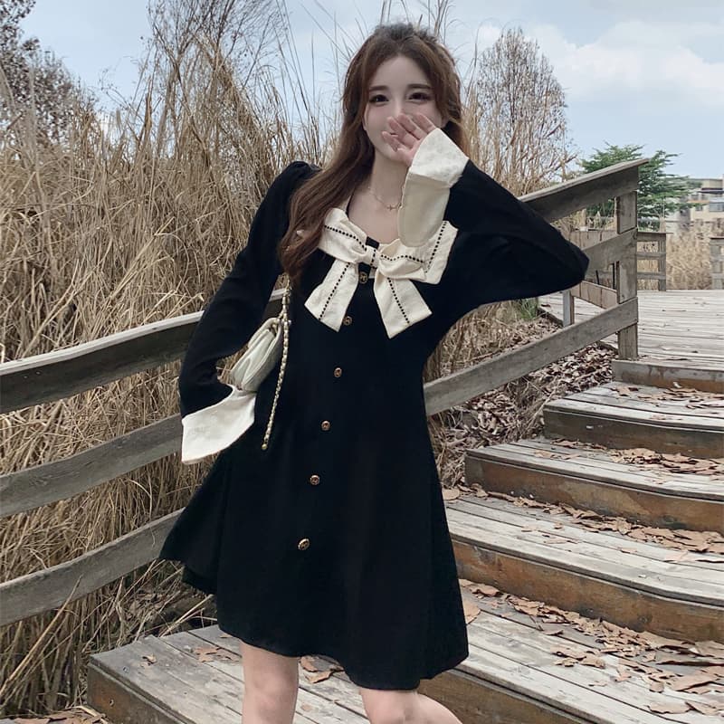 실사 가을 겨울 지방 mm 하이웨이스트 나비 매듭 광장 칼라 긴팔 여성 드레스 한국 스타일 패션 a 단어 길이 치마 이미지 3