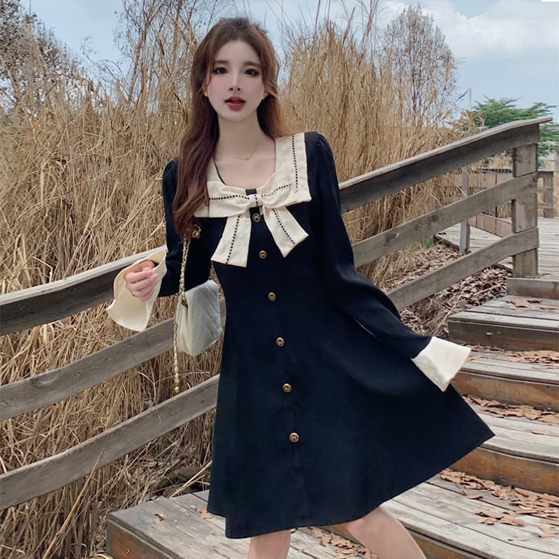 실사 가을 겨울 지방 mm 하이웨이스트 나비 매듭 광장 칼라 긴팔 여성 드레스 한국 스타일 패션 a 단어 길이 치마 이미지 4