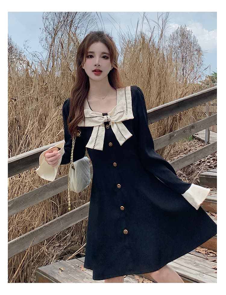 실사 가을 겨울 지방 mm 하이웨이스트 나비 매듭 광장 칼라 긴팔 여성 드레스 한국 스타일 패션 a 단어 길이 치마 상세 이미지 3