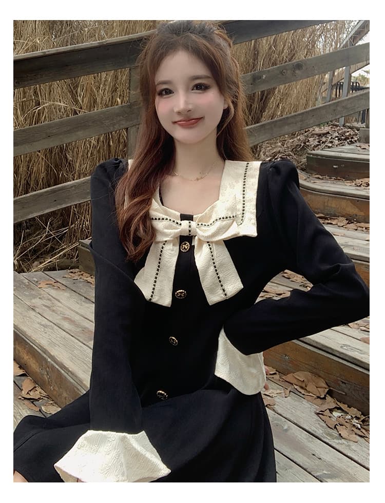 실사 가을 겨울 지방 mm 하이웨이스트 나비 매듭 광장 칼라 긴팔 여성 드레스 한국 스타일 패션 a 단어 길이 치마 상세 이미지 5