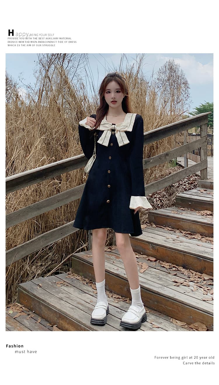 실사 가을 겨울 지방 mm 하이웨이스트 나비 매듭 광장 칼라 긴팔 여성 드레스 한국 스타일 패션 a 단어 길이 치마 상세 이미지 6