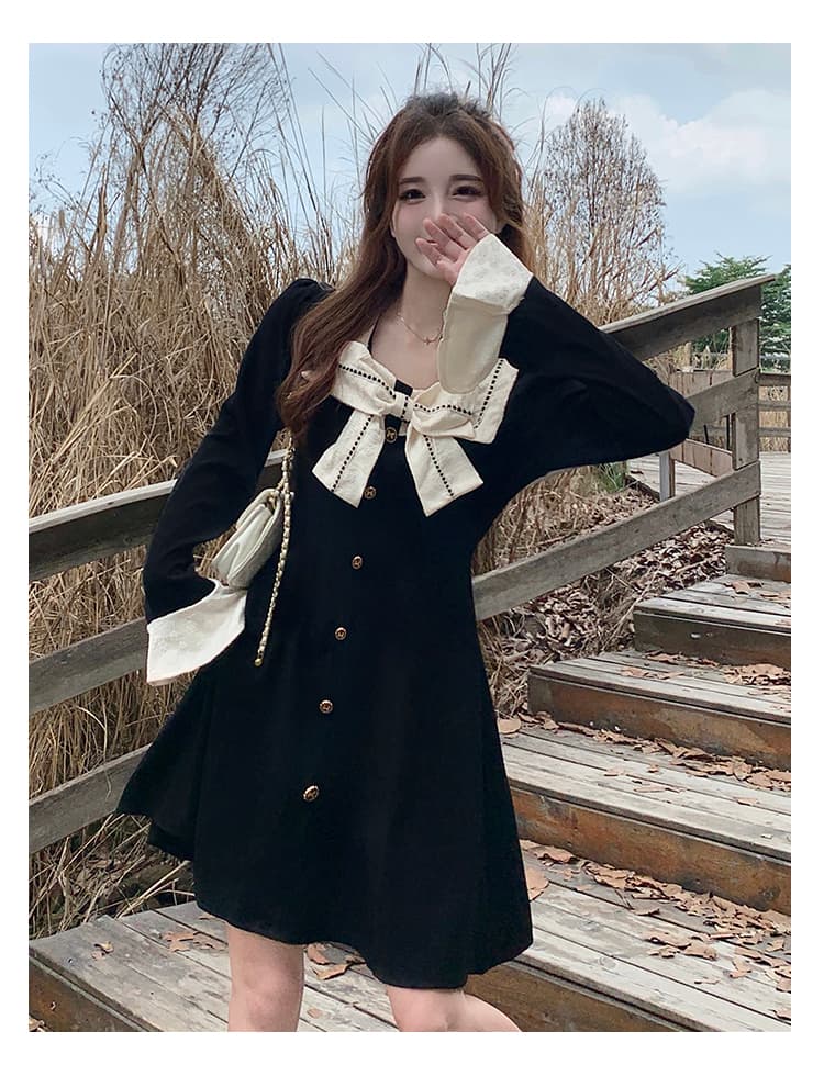 실사 가을 겨울 지방 mm 하이웨이스트 나비 매듭 광장 칼라 긴팔 여성 드레스 한국 스타일 패션 a 단어 길이 치마 상세 이미지 9