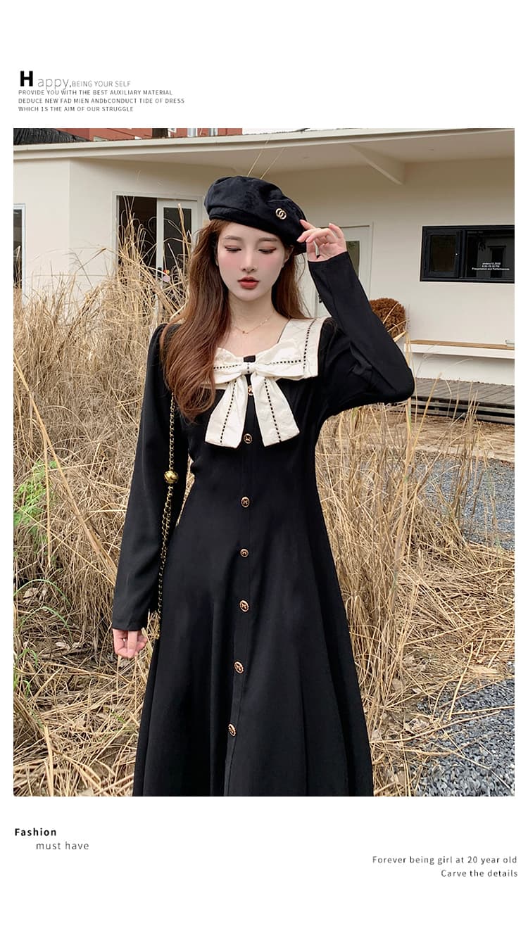 실사 가을 겨울 지방 mm 하이웨이스트 나비 매듭 광장 칼라 긴팔 여성 드레스 한국 스타일 패션 a 단어 길이 치마 상세 이미지 5