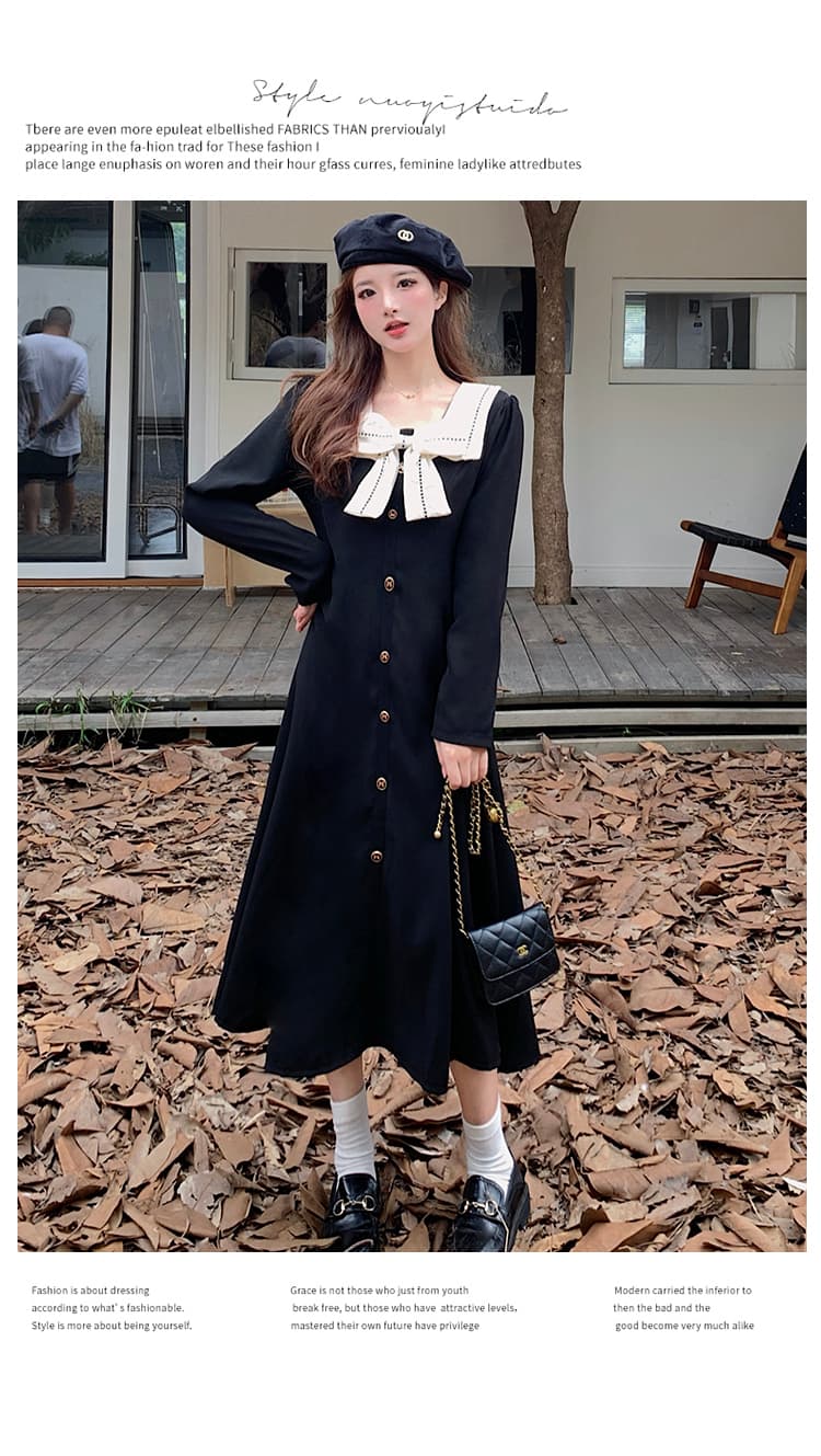실사 가을 겨울 지방 mm 하이웨이스트 나비 매듭 광장 칼라 긴팔 여성 드레스 한국 스타일 패션 a 단어 길이 치마 상세 이미지 6