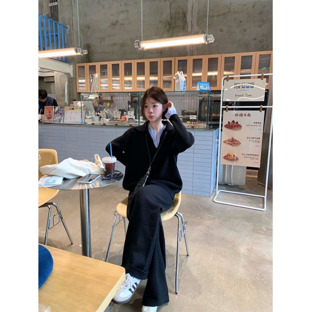 가을 겨울 아메리칸 레트로 운동 바람 니트 polo 맨위 고급 와이드 레그 팬츠 두 조각 여성 세트 다용도 전체 집합 이미지 4