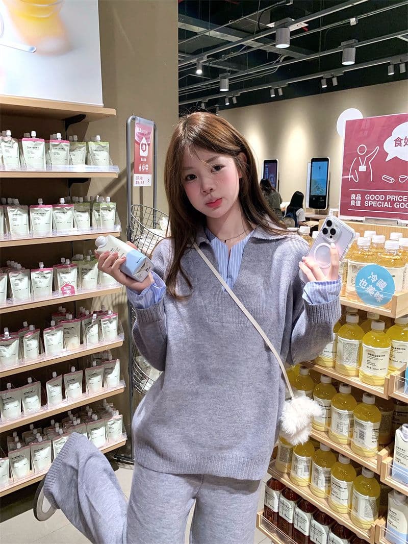 가을 겨울 아메리칸 레트로 운동 바람 니트 polo 맨위 고급 와이드 레그 팬츠 두 조각 여성 세트 다용도 전체 집합 상세 이미지 8