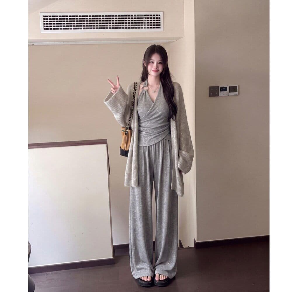 느긋한 바람 가을 착용 가져 가라. 전체 집합 느슨함 센스 캐주얼 스웨터 오픈 가디건 행침 목 맨위 바지 세트 여성 이미지 3