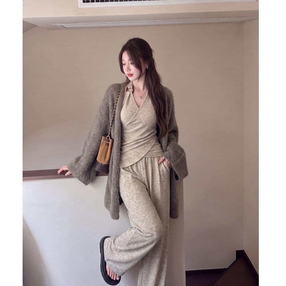 느긋한 바람 가을 착용 가져 가라. 전체 집합 느슨함 센스 캐주얼 스웨터 오픈 가디건 행침 목 맨위 바지 세트 여성