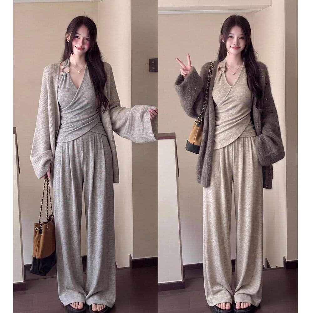 느긋한 바람 가을 착용 가져 가라. 전체 집합 느슨함 센스 캐주얼 스웨터 오픈 가디건 행침 목 맨위 바지 세트 여성 상세 이미지 1