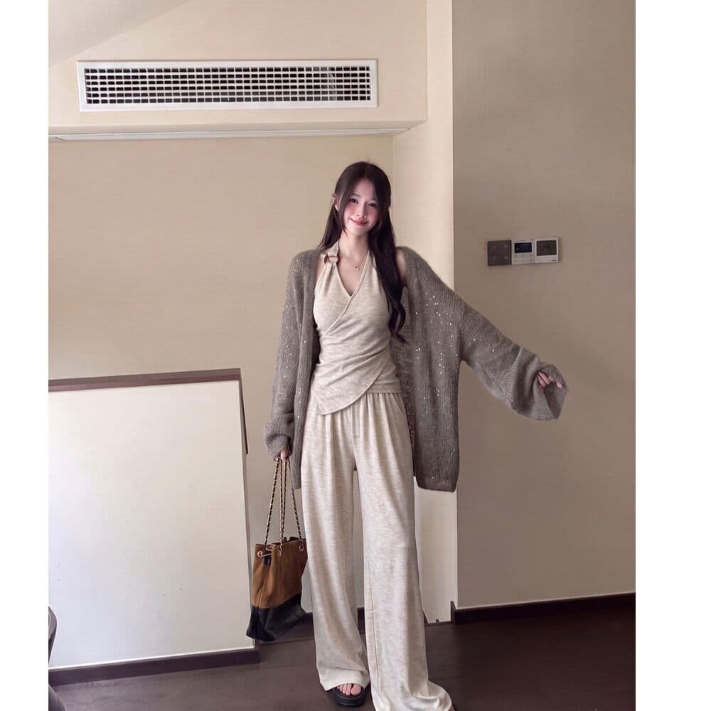 느긋한 바람 가을 착용 가져 가라. 전체 집합 느슨함 센스 캐주얼 스웨터 오픈 가디건 행침 목 맨위 바지 세트 여성 상세 이미지 2