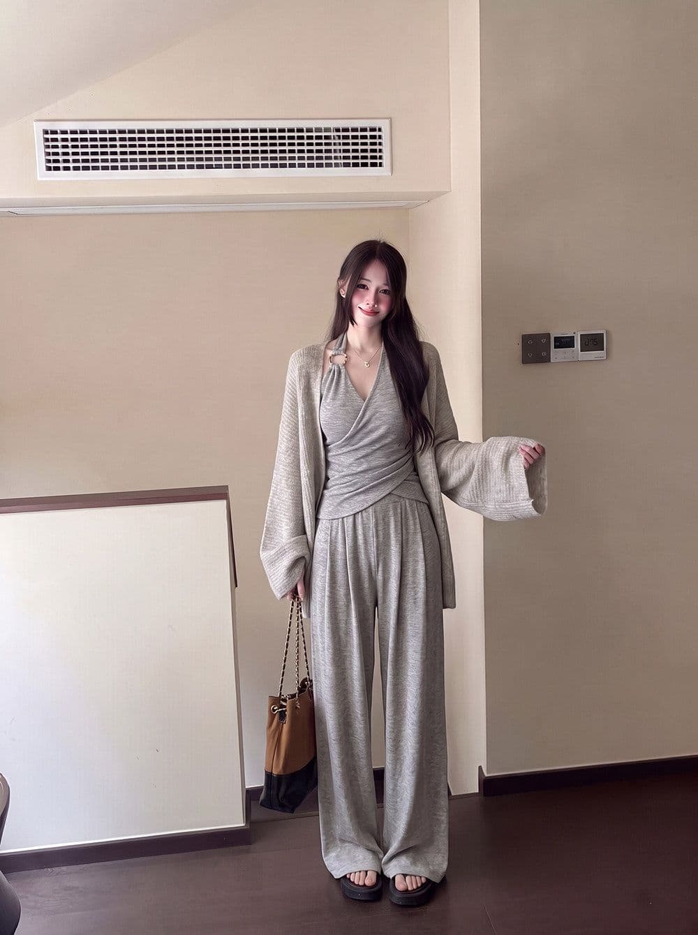느긋한 바람 가을 착용 가져 가라. 전체 집합 느슨함 센스 캐주얼 스웨터 오픈 가디건 행침 목 맨위 바지 세트 여성 상세 이미지 7