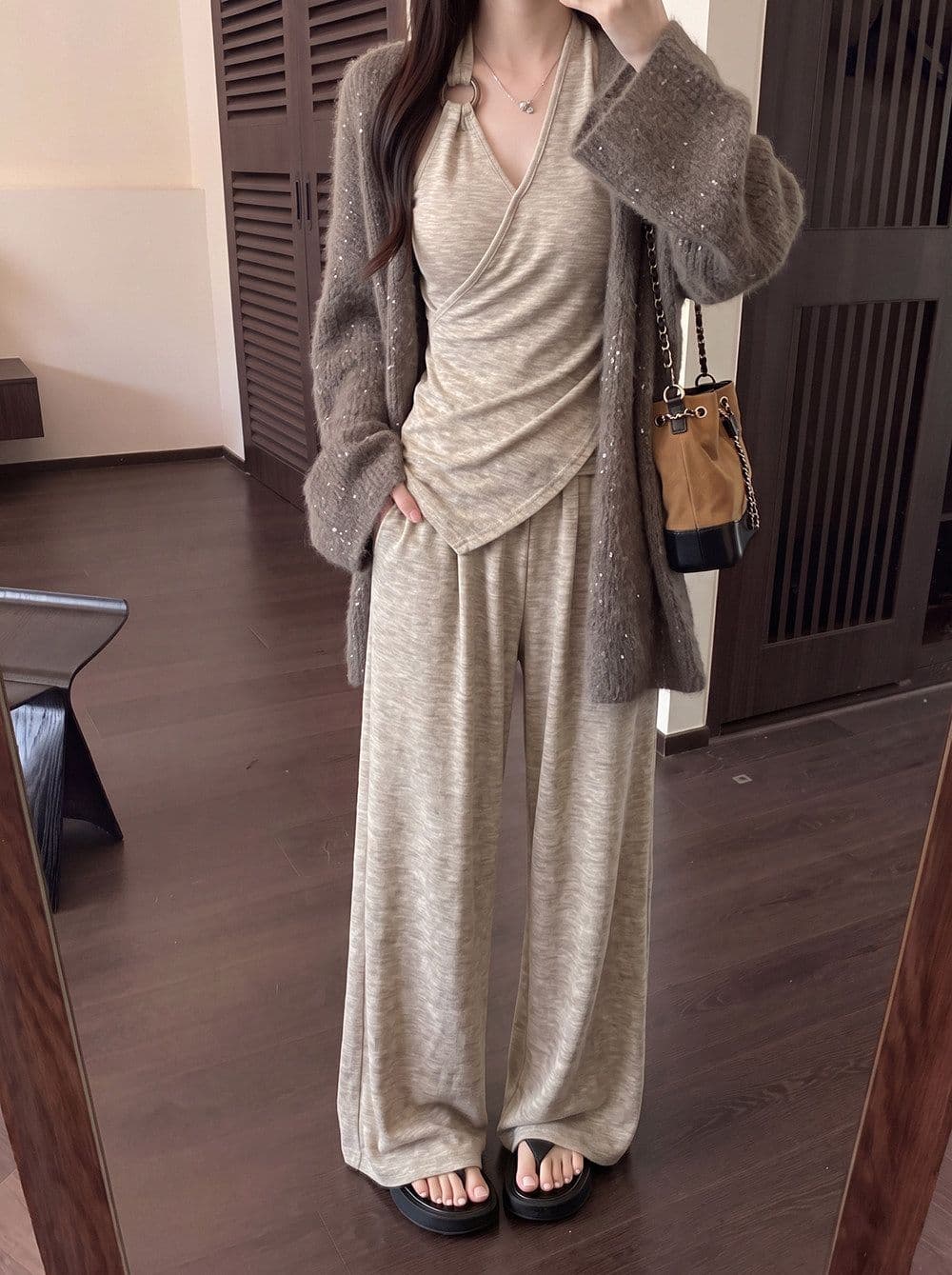 느긋한 바람 가을 착용 가져 가라. 전체 집합 느슨함 센스 캐주얼 스웨터 오픈 가디건 행침 목 맨위 바지 세트 여성 상세 이미지 8