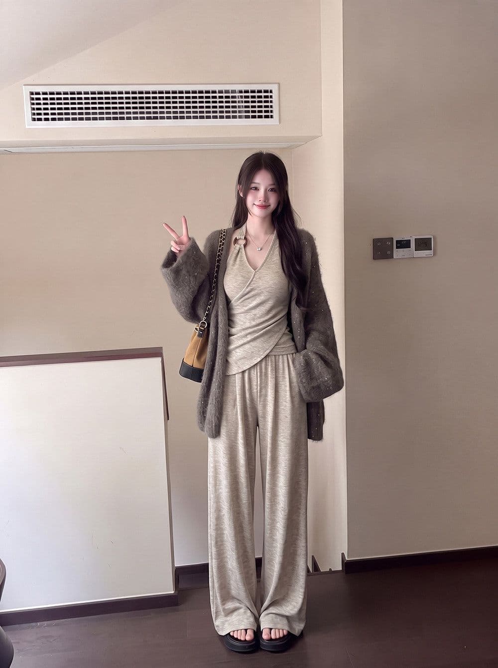 느긋한 바람 가을 착용 가져 가라. 전체 집합 느슨함 센스 캐주얼 스웨터 오픈 가디건 행침 목 맨위 바지 세트 여성 상세 이미지 9