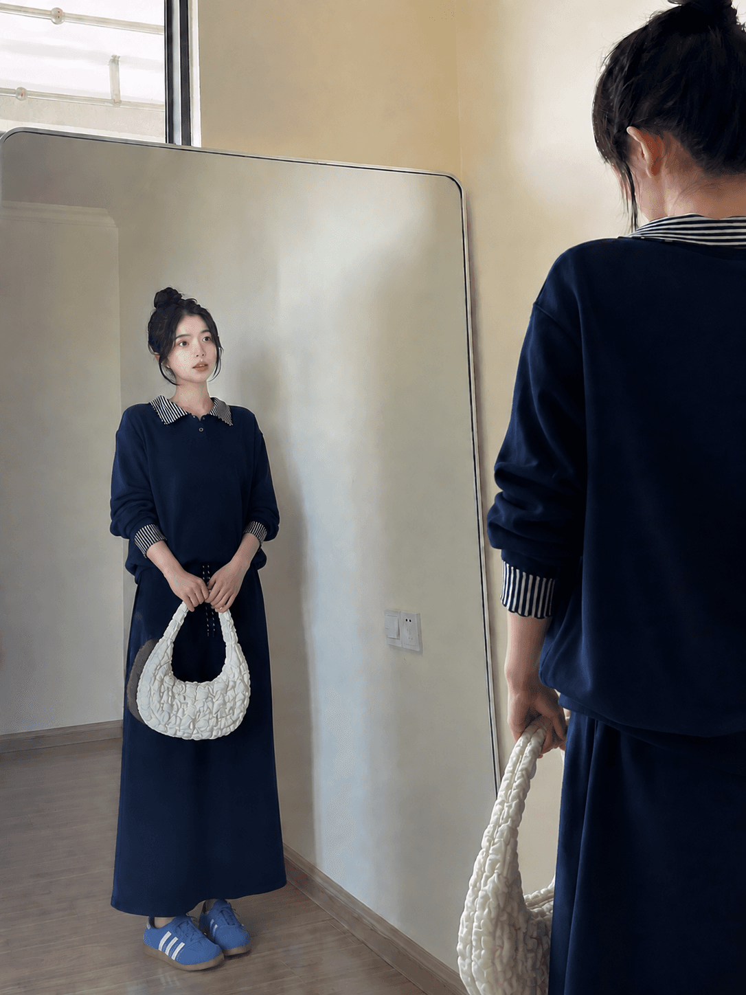빅 사이즈 회색 페이크 레이어드 후드티 반신 스커트 두 조각 여성 세트 봄 가을 지방 mm 슬림해 보이는 표지 고기 캐주얼 치마 세트 이미지 3