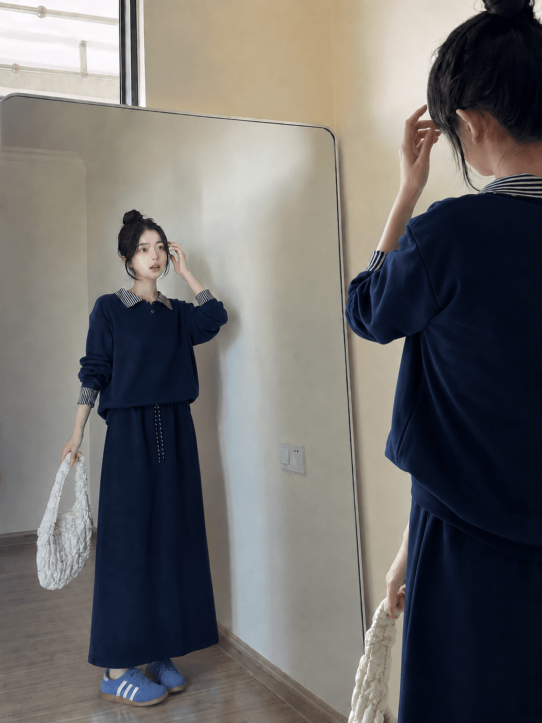 빅 사이즈 회색 페이크 레이어드 후드티 반신 스커트 두 조각 여성 세트 봄 가을 지방 mm 슬림해 보이는 표지 고기 캐주얼 치마 세트 상세 이미지 7