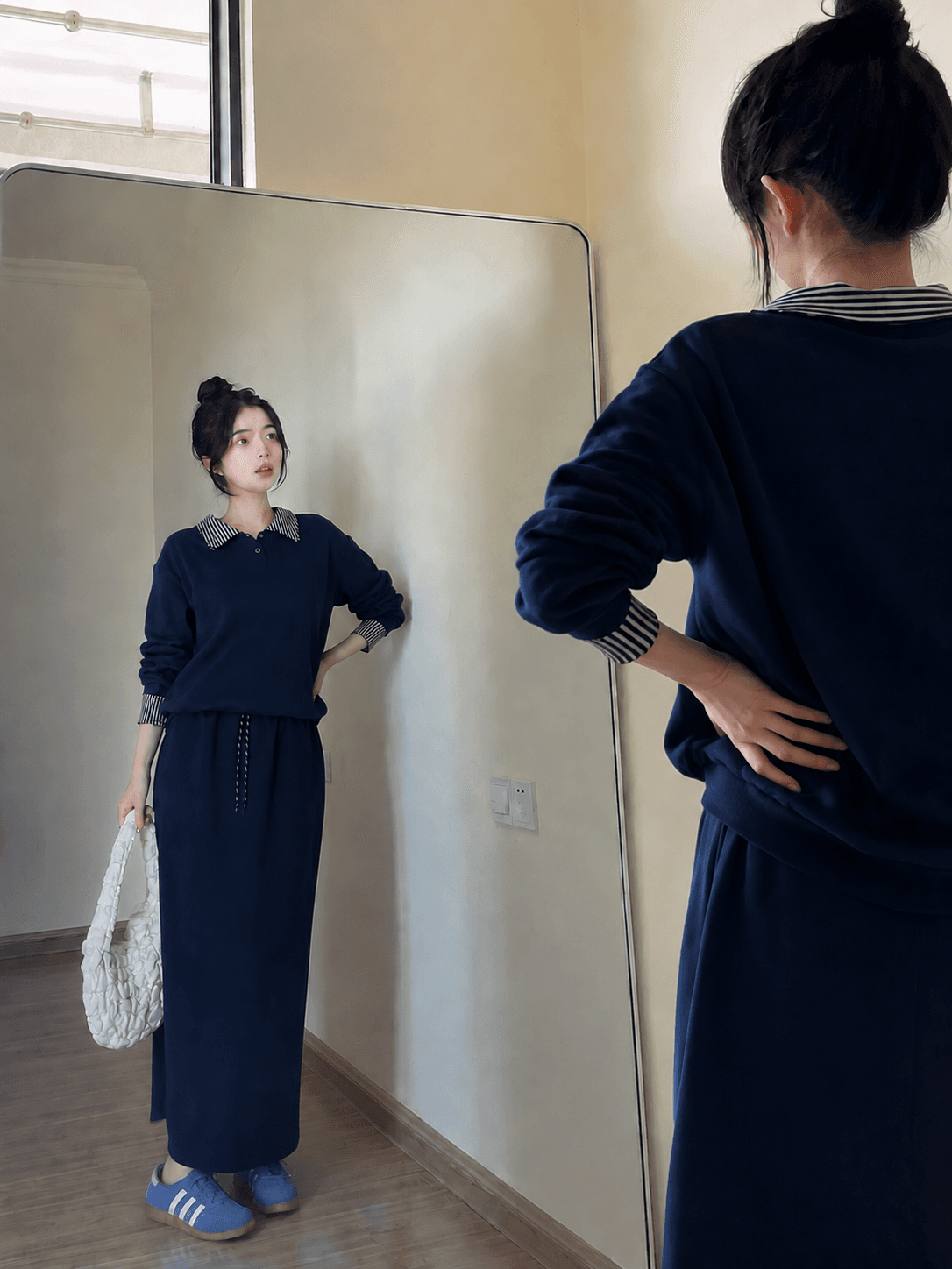 빅 사이즈 회색 페이크 레이어드 후드티 반신 스커트 두 조각 여성 세트 봄 가을 지방 mm 슬림해 보이는 표지 고기 캐주얼 치마 세트 상세 이미지 8