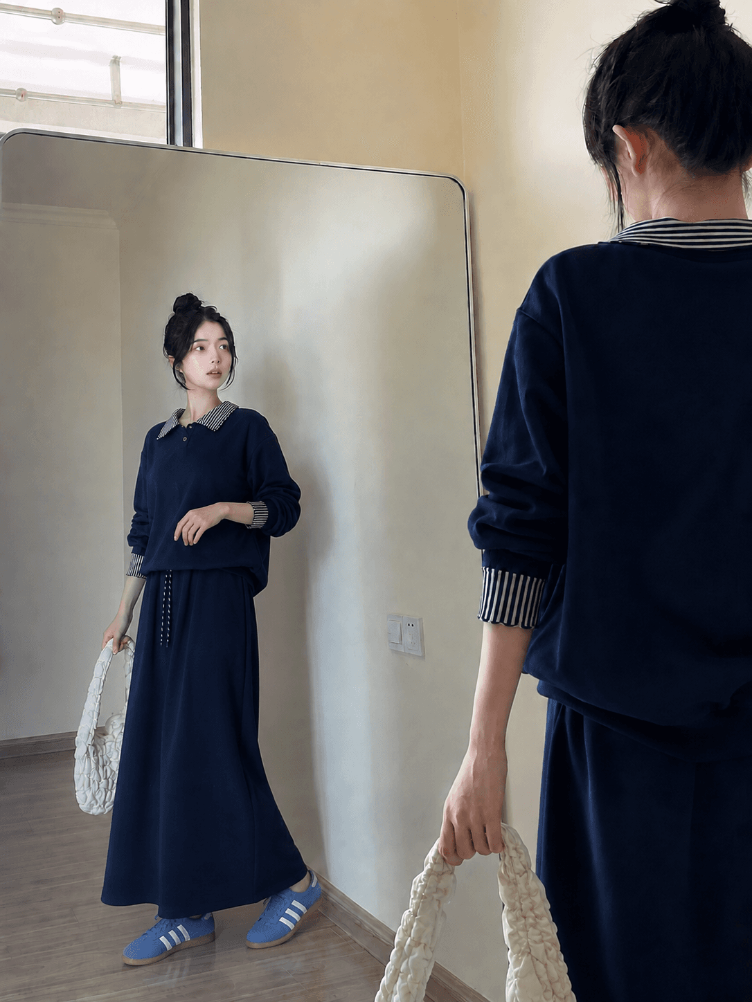 빅 사이즈 회색 페이크 레이어드 후드티 반신 스커트 두 조각 여성 세트 봄 가을 지방 mm 슬림해 보이는 표지 고기 캐주얼 치마 세트 상세 이미지 9