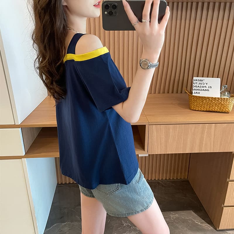실사 흔들어서 톤 품질 순면 루즈핏 슬립 오프숄더 패치워크 디자인 센스 반팔 t 이미지 2