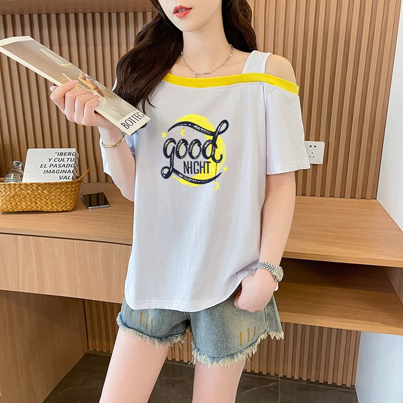 실사 흔들어서 톤 품질 순면 루즈핏 슬립 오프숄더 패치워크 디자인 센스 반팔 t 상세 이미지 9