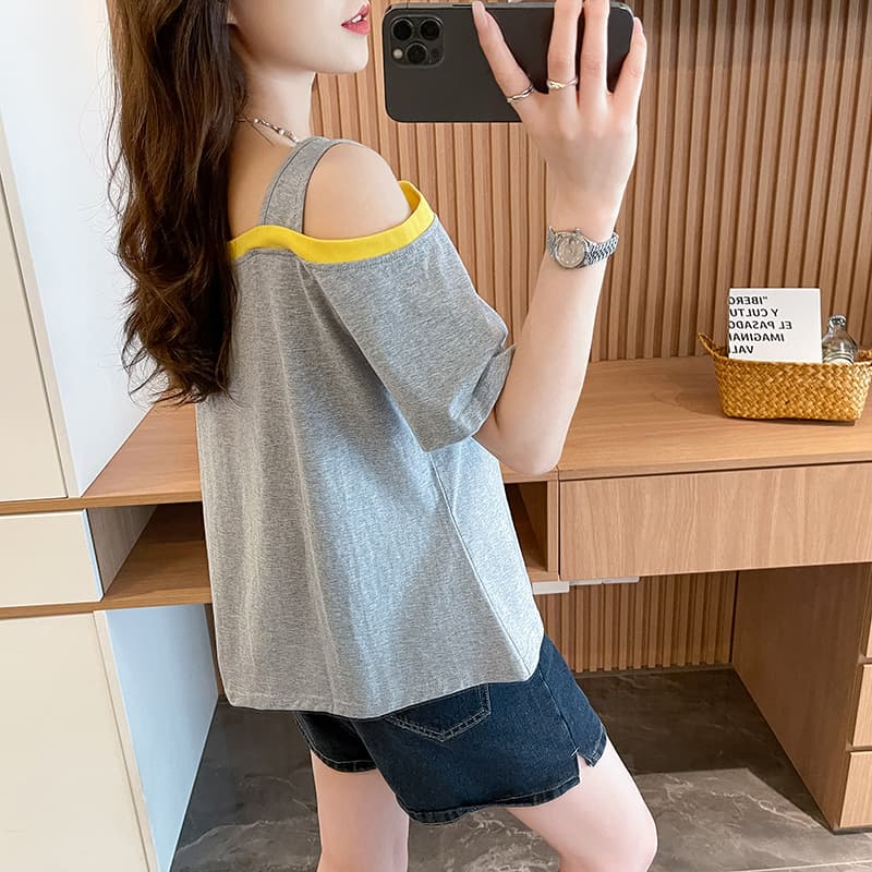 실사 흔들어서 톤 품질 순면 루즈핏 슬립 오프숄더 패치워크 디자인 센스 반팔 t 상세 이미지 16