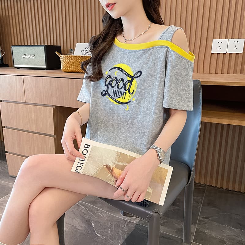 실사 흔들어서 톤 품질 순면 루즈핏 슬립 오프숄더 패치워크 디자인 센스 반팔 t 상세 이미지 17