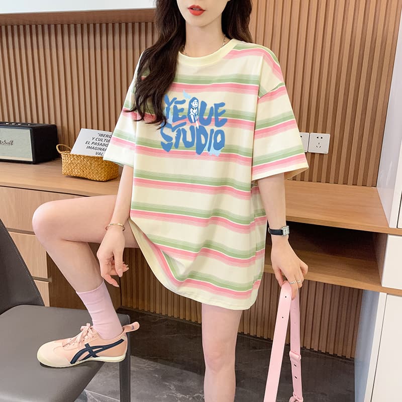 실사 흔들어서 톤 품질 이후 패키지 칼라 순면 루즈핏 아메리칸 긍정적 인 어깨 중간 길이 스트라이프 티셔츠 이미지 4
