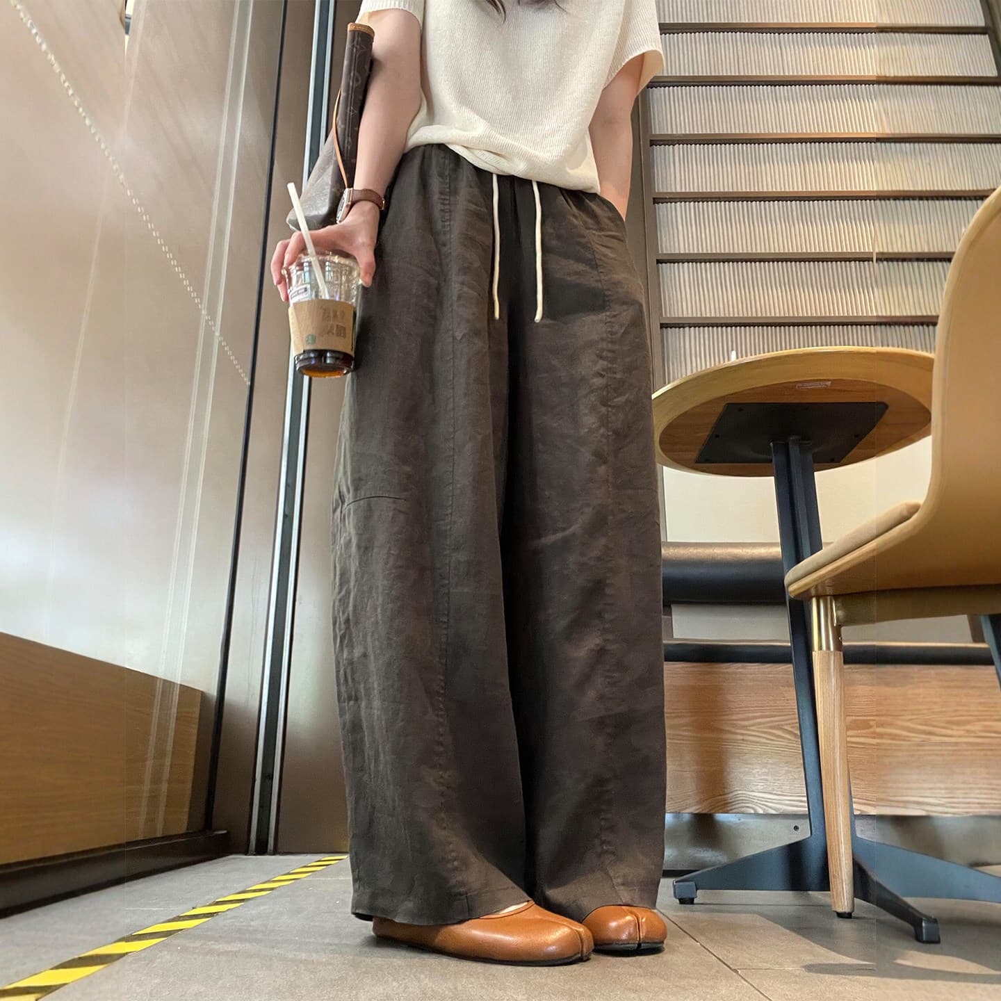오래된 돈 바람 아마 와이드 레깅스 바지 여름 얇은 스타일 빅 사이즈 지방 mm 배 모양 루즈핏 슬림해 보이는 모통이 칼 캐주얼 바지 이미지 2