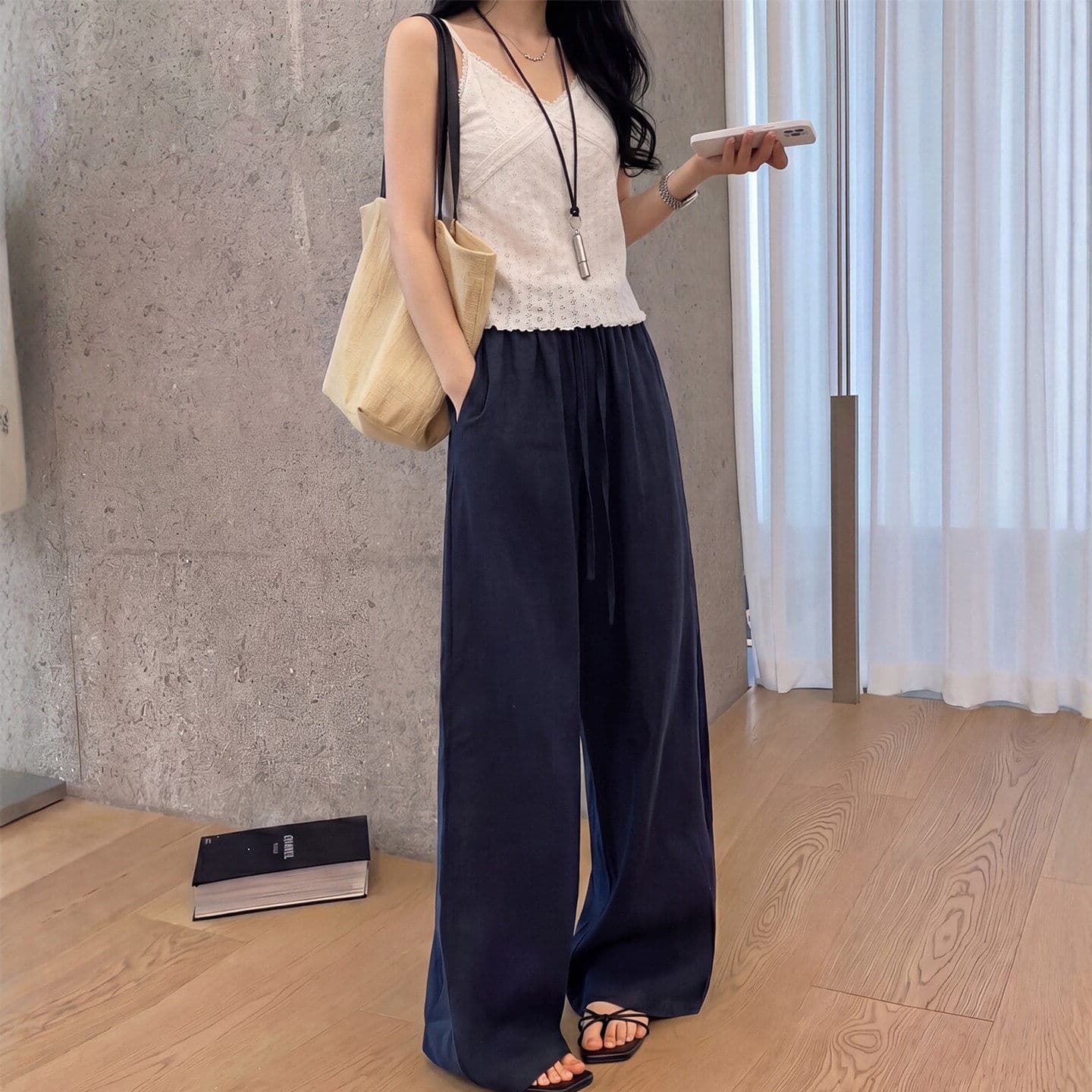 해군 면 린넨 와이드 레깅스 바지 여름 얇은 스타일 도루 센스 루즈핏 느긋한 오래된 돈 바람 좁은 에디션 스트레이트 아마 바지 이미지 2