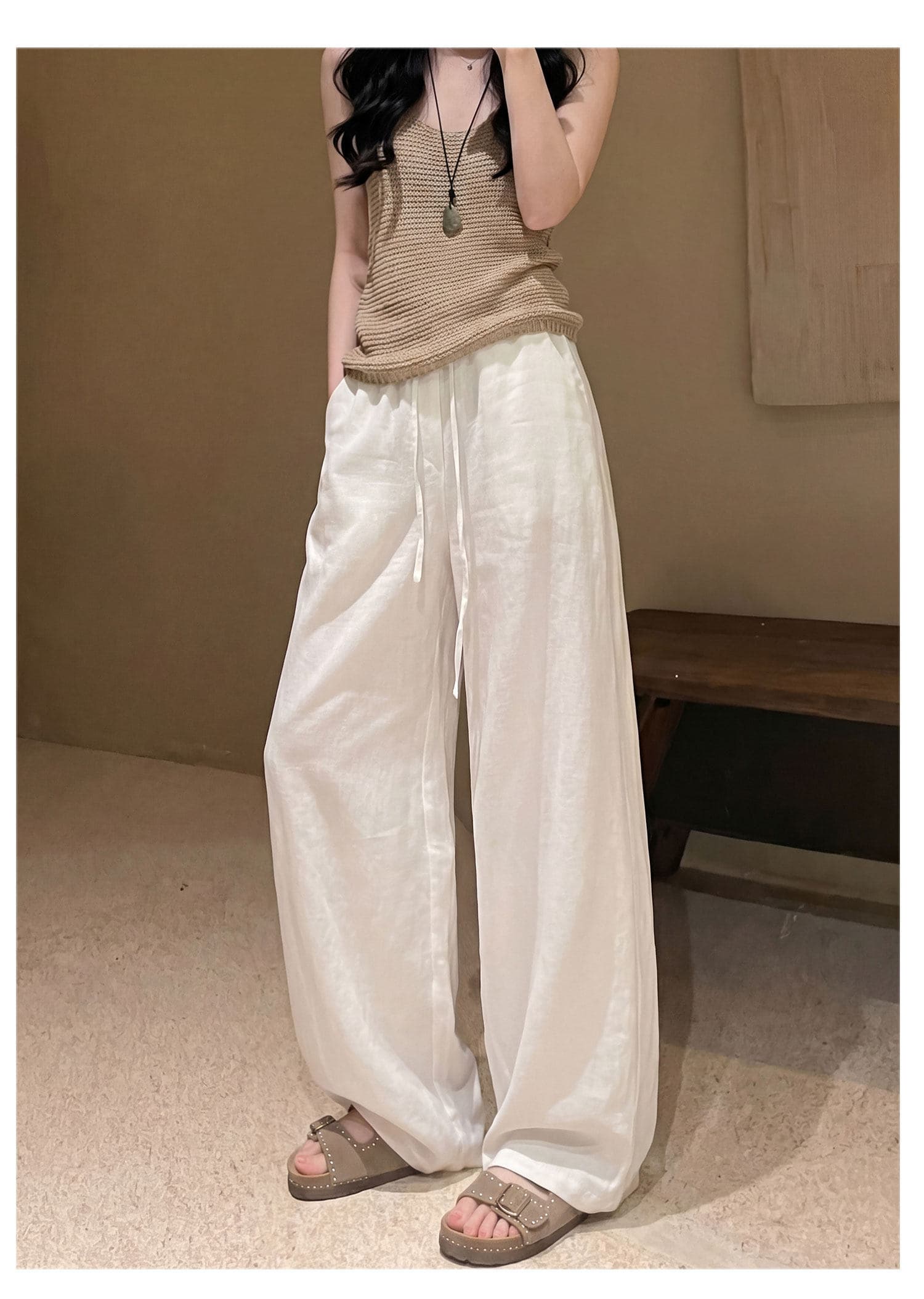 해군 면 린넨 와이드 레깅스 바지 여름 얇은 스타일 도루 센스 루즈핏 느긋한 오래된 돈 바람 좁은 에디션 스트레이트 아마 바지 상세 이미지 16