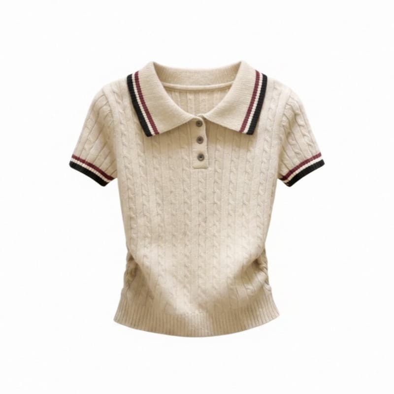 오래된 돈 바람 배색 POLO 칼라 얼음 실크 니트 반팔 티셔츠 여성 여름 몸매 가꾸기 프랑스식 고급 작은 셔츠 맨위 이미지 5