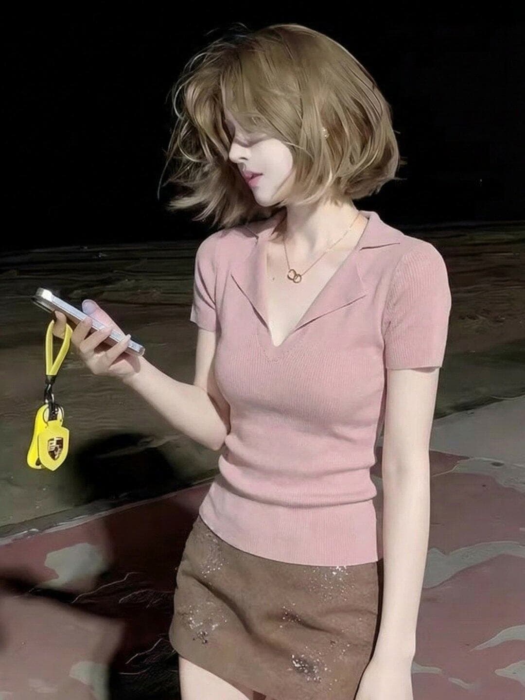 오래된 돈 바람 V넥 반팔 여성 긍정적 인 어깨 몸매 가꾸기 티셔츠 여름 2026 새로운 폴로 칼라 니트 POLO 셔츠 핑크색 맨위 상세 이미지 1