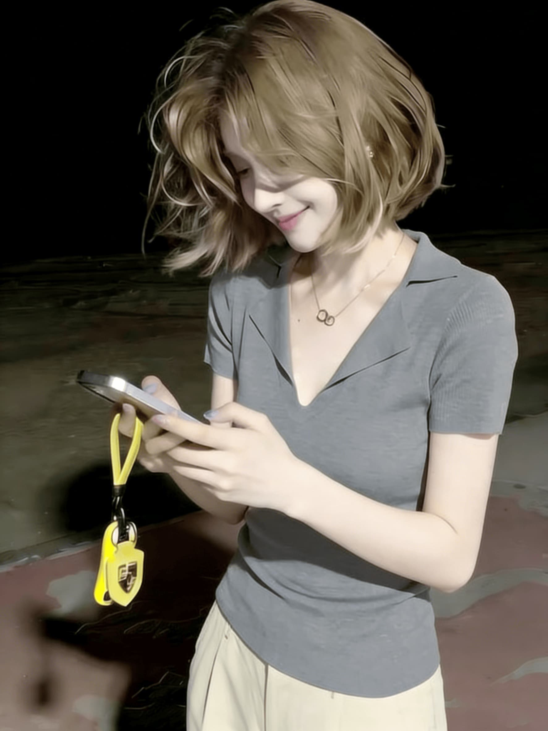 오래된 돈 바람 V넥 반팔 여성 긍정적 인 어깨 몸매 가꾸기 티셔츠 여름 2026 새로운 폴로 칼라 니트 POLO 셔츠 핑크색 맨위 상세 이미지 15